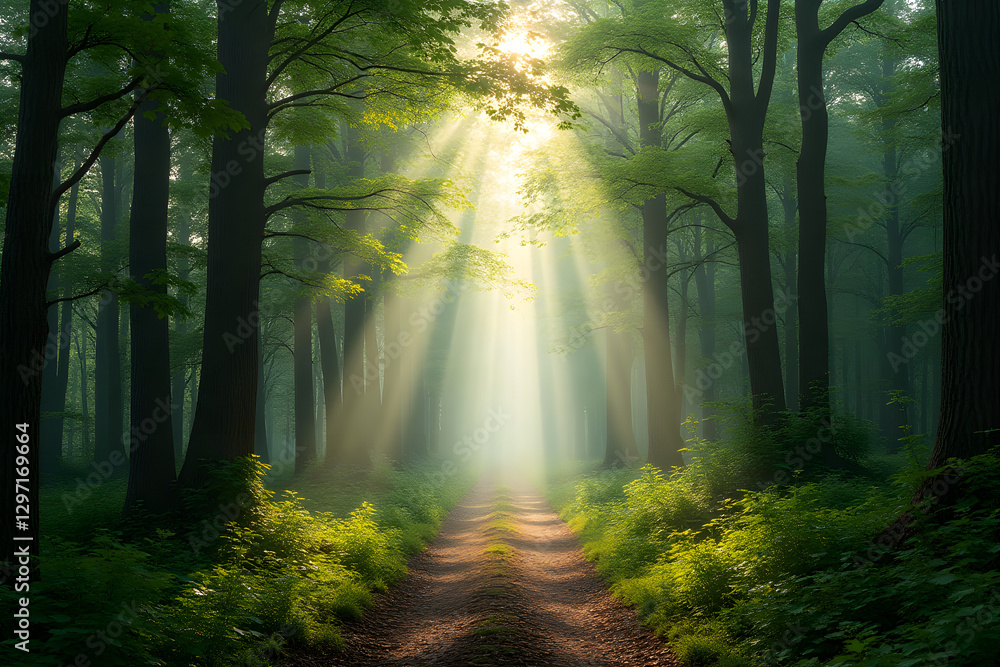 Obraz premium Misty forest, tranquil mood, sun rays shining, beautiful pathway, natural scenery with copy space