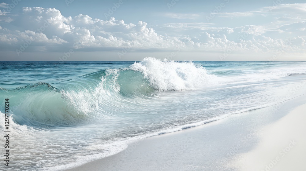 Fototapeta premium A powerful turquoise ocean wave breaking on a white sandy beach