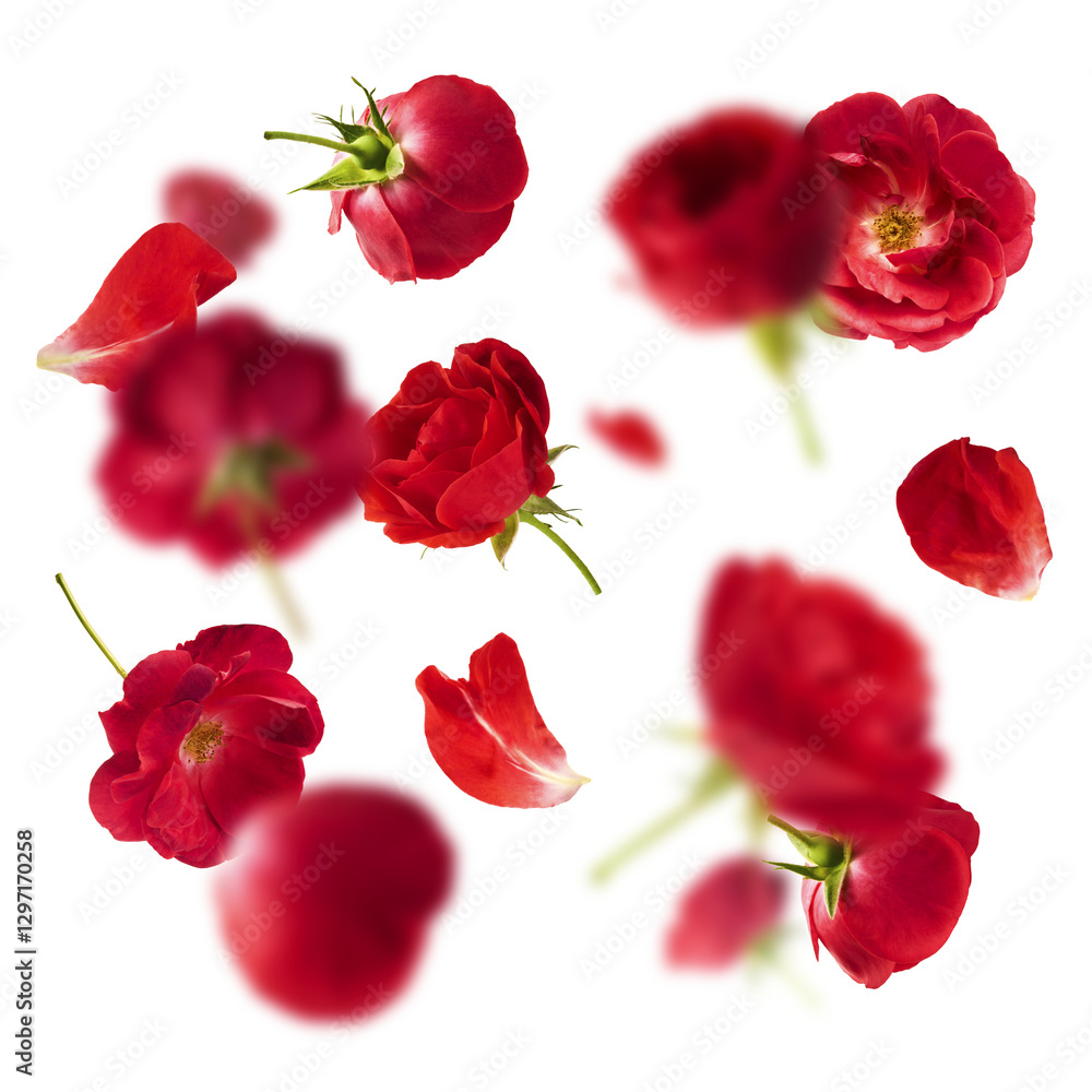 Beautiful Red English Rose falling in the air isolated on white background. High resolution image. Flower levitation or zero gravity conception Beautiful Red English Rose falling in the air isolated on white background. High resolution image. Flower levitation or zero gravity conception