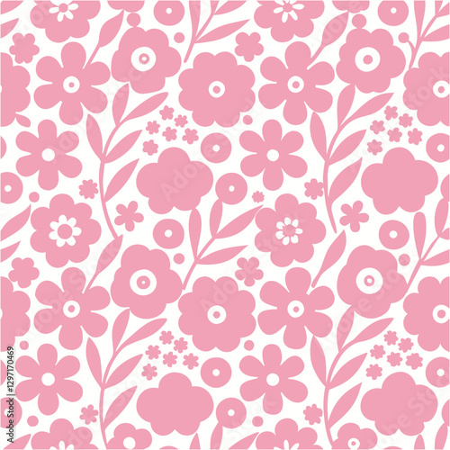 Botany flowers pattern, Hand-drawn botanical element, Abstract vector illustration doodle pink floral background, minimal botanical art.