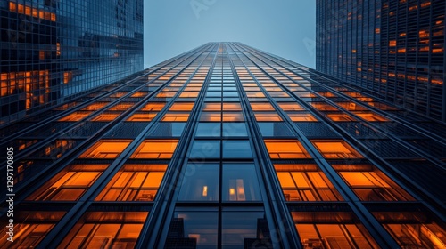 Wallpaper Mural Urban skyscraper facade at twilight, illuminated windows, city backdrop Torontodigital.ca