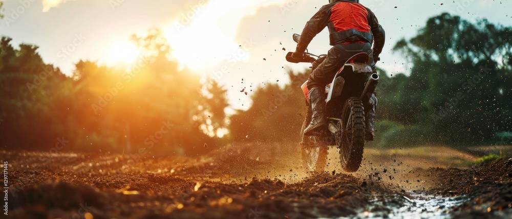 Naklejka premium Rider on a Cross-Country Enduro Motorcycle Going Fast, Thrilling Enduro Racing with Drift Action, Motocross Moto Sport Adventure Isolated on Background with Copy Space. Motorsport Concept.