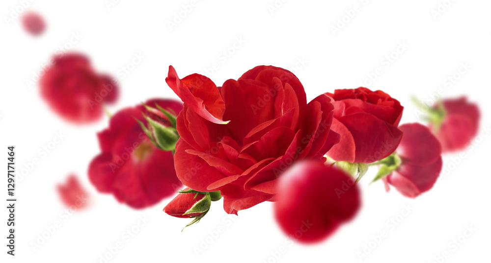 Obraz premium Beautiful Red English Rose falling in the air isolated on white background. High resolution image. Flower levitation or zero gravity conception