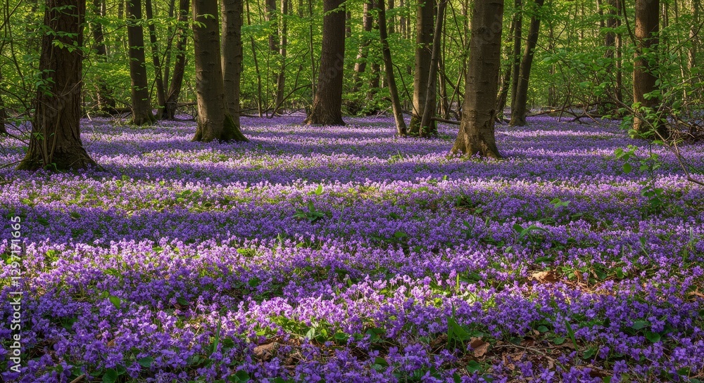 Violet Forest Floor Spring Blooms - A carpet of vibrant purple wildflowers blankets the forest floor in spring. Symbolizing serenity, renewal, beauty, magic, and growth. Transparent background