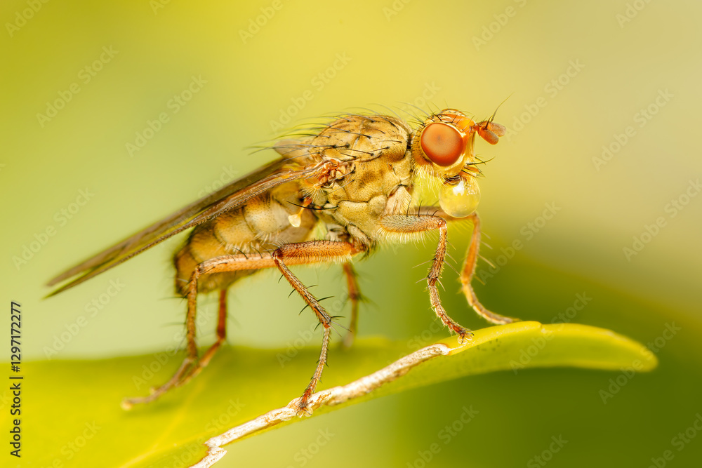 Small colorful fly making bubble resting on a leaf on a spring afternnoon