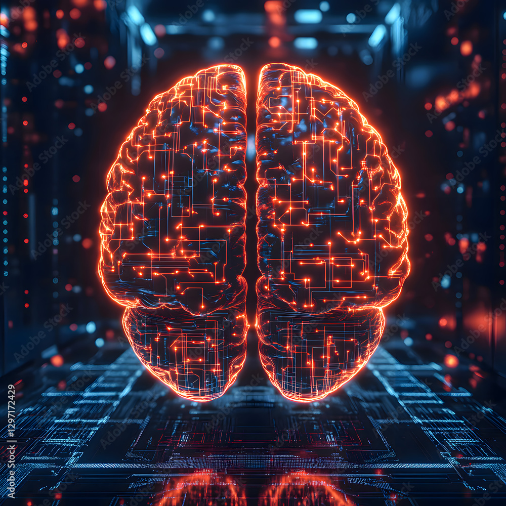 Obraz premium Neon Brain with Interconnected Circuits