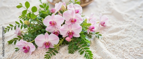 Soft Pink Orchids with Green Leaves on White Fabric for Elegant and Romantic Floral Display. For Wedding decor inspiration, florist advertising, romantic-themed branding, and elegant event invitations