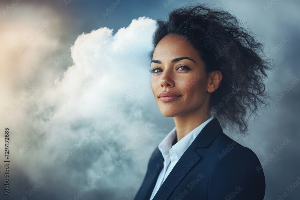 Confident businesswoman with windblown hair, standing against a cloudy sky, symbolizing ambition and success. Confident businesswoman with windblown hair, standing against a cloudy sky, symbolizing ambition and success.
