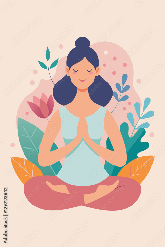 Serene woman meditating in nature, mindfulness and relaxation concept. Serene woman meditating in nature, mindfulness and relaxation concept.