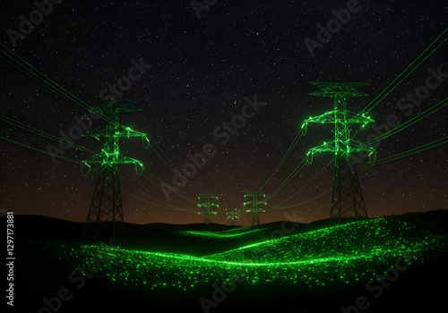 Serene glowing transmission towers with neon green power lines, revealing a pulsating electrical wave in a futuristic energy scene beneath a glowing night sky