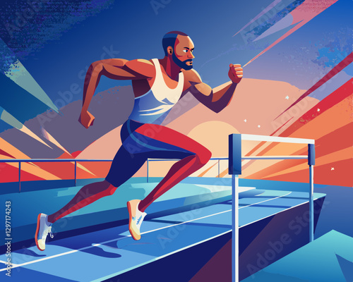 Vibrant Vector Illustration of Female Sprinter Leaping Over Hurdle in Track and Field Competition, Capturing Speed and Determination in Athletic Performance