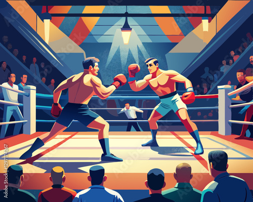 Dynamic Vector Illustration of Two Boxers Fighting in a Boxing Ring: Intense Sports Competition Scene with Energetic Athletes, Cheering Crowd, and Vibrant Lighting in a Professional Arena Setting