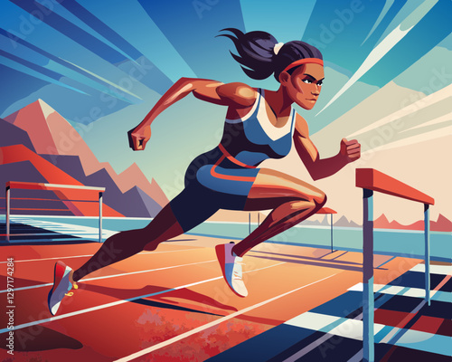 Powerful Vector Illustration of Female Athlete Sprinting on Running Track, Showcasing Speed and Determination in Competitive Sports Event with Dynamic Background