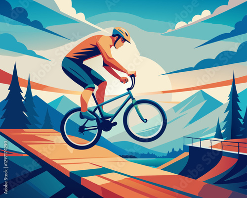 Dynamic Vector Illustration of Mountain Biker Performing Extreme Jump on Wooden Ramp Against Stunning Mountain Landscape, Capturing Adventure and Adrenaline in Outdoor Sports