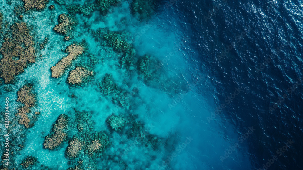 Obraz premium Aerial view of coral reef and deep blue ocean waters