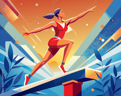 A confident woman showcasing her skills on a balance beam, illustrating the strength and discipline found in gymnastics.