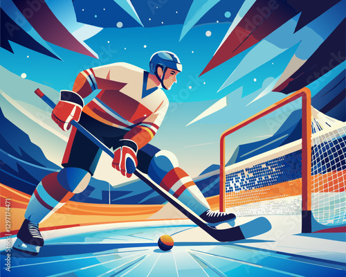 A hockey player skillfully shooting on the ice, capturing the excitement and adrenaline of competition in winter sports.