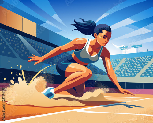 A determined woman leaping during a long jump, embodying strength and grace in the world of athletics and track events.