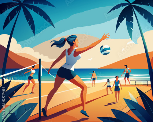 A lively scene of people playing volleyball on the beach, displaying camaraderie and active lifestyle in a tropical paradise.