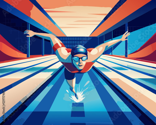 A swimmer gliding through the water in a competition, showcasing speed and focus in sports.