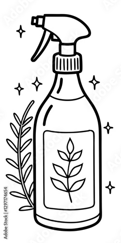An outline of a spray bottle with decorative leaves, emphasizing a blend of functionality and eco-consciousness.