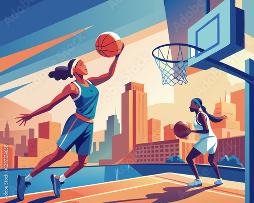 A basketball player shooting the ball toward the hoop, capturing the excitement and teamwork of street basketball.