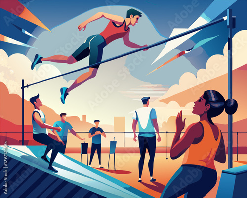 A male athlete performing a high jump, demonstrating strength and agility in a competitive track and field scenario.