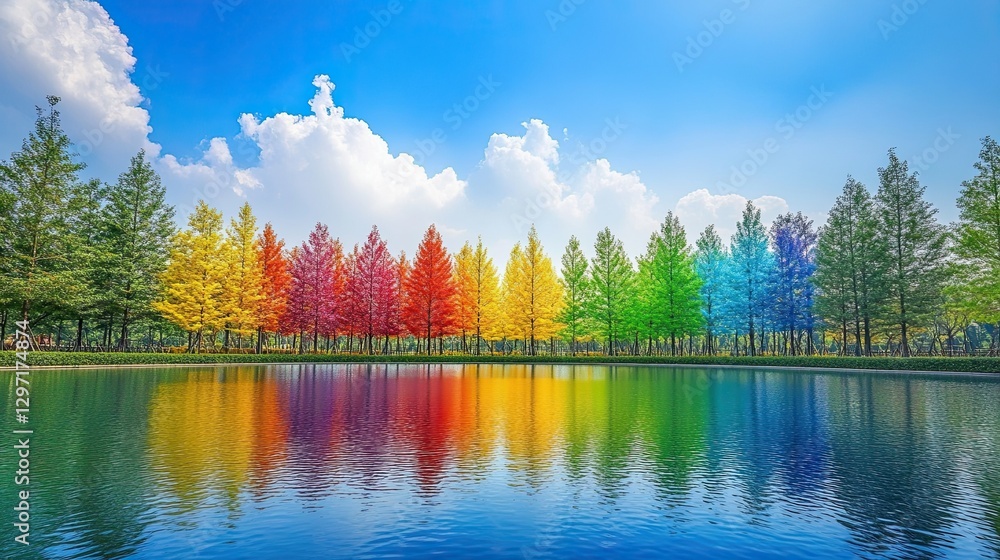Fototapeta premium Vibrant rainbow-colored trees reflecting on a calm lake under a bright blue sky, creating a surreal and dreamy landscape.