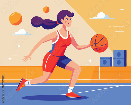 A female basketball player dribbling down the court, highlighting athleticism and skill in women's sports.