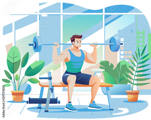 A male athlete seated on a bench pressing weights, focusing on building muscle and strength in a gym atmosphere.