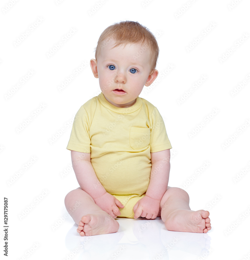 Baby, relax and curious for portrait in studio of sensory development, calm expression and childhood growth. Kid, learning and motor skills, coordination and mobility for wellness on white background Baby, relax and curious for portrait in studio of sensory development, calm expression and childhood growth. Kid, learning and motor skills, coordination and mobility for wellness on white background
