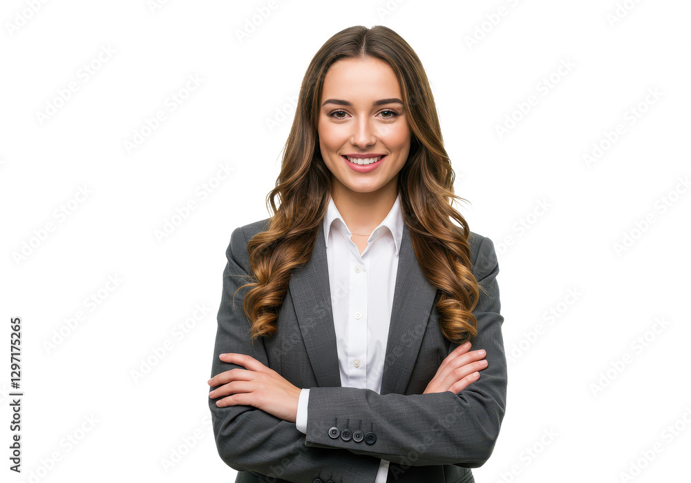 A young businesswoman with long wavy brown hair wearing a tailored blazer stands with her arms crossed isolated on transparent background A young businesswoman with long wavy brown hair wearing a tailored blazer stands with her arms crossed isolated on transparent background