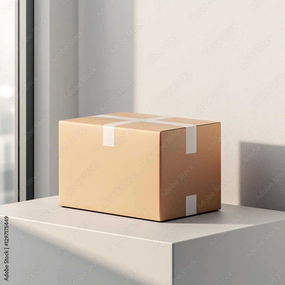 Minimalist Scene with Brown Package on Surface Near Window Minimalist Scene with Brown Package on Surface Near Window
