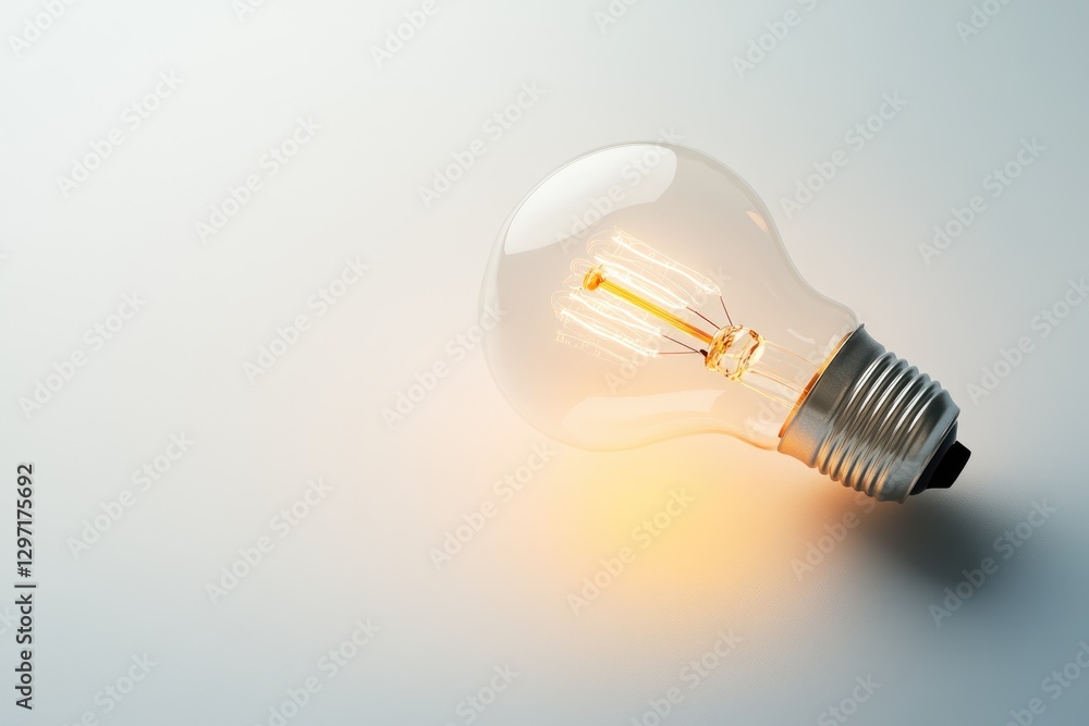 A glowing incandescent light bulb rests on a light gray surface, illuminating ideas and innovation. A glowing incandescent light bulb rests on a light gray surface, illuminating ideas and innovation.