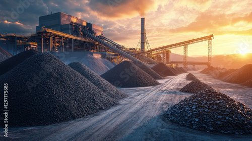 A large industrial mining complex at sunset with piles of mined coal and heavy equipment. Spectacular lighting emphasizes the scale of industrial production.