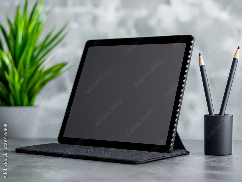 Modern Tablet on Stand with Pencils and Plant in Stylish Office Space Modern Tablet on Stand with Pencils and Plant in Stylish Office Space