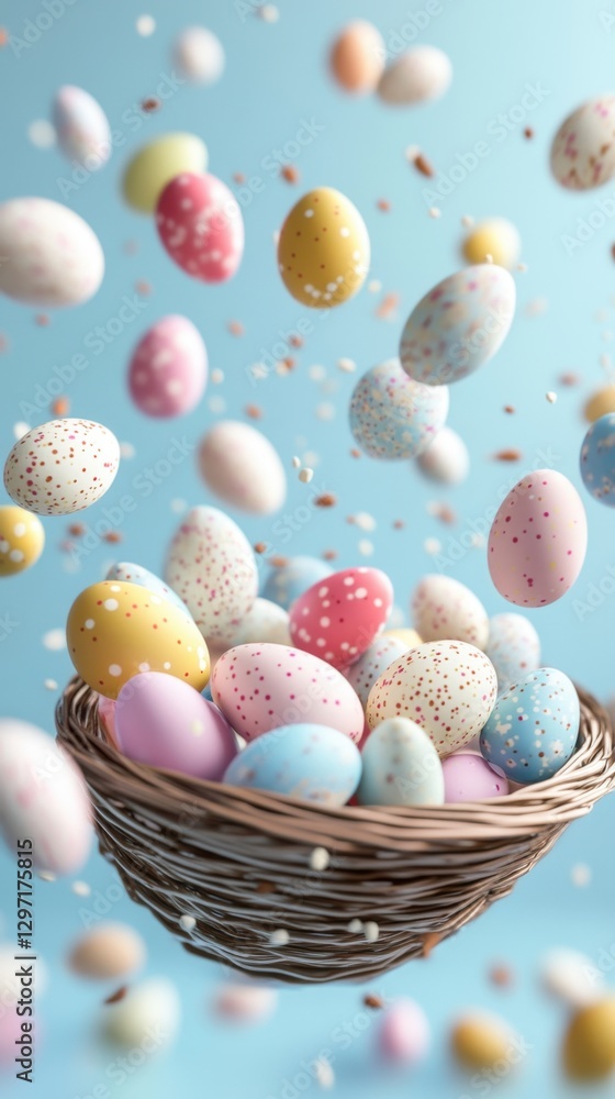 Colorful eggs cascading from basket Colorful eggs cascading from basket