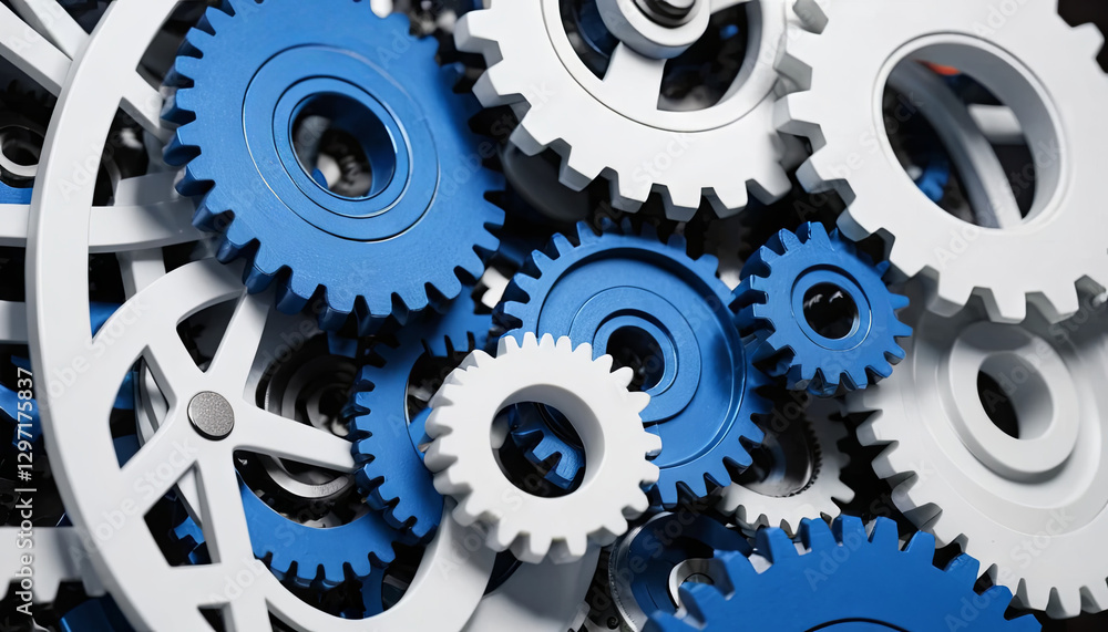 Various intricately designed gears in shades of blue and white mesh together, highlighting the precision of mechanical engineering and design concepts Various intricately designed gears in shades of blue and white mesh together, highlighting the precision of mechanical engineering and design concepts