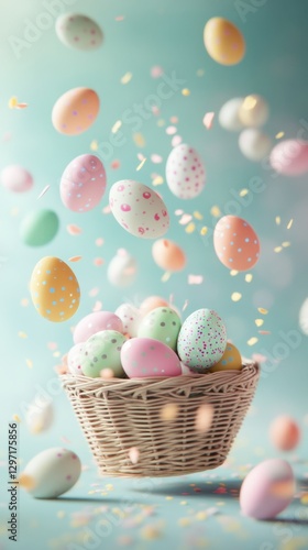 Colorful eggs flying from a basket photo