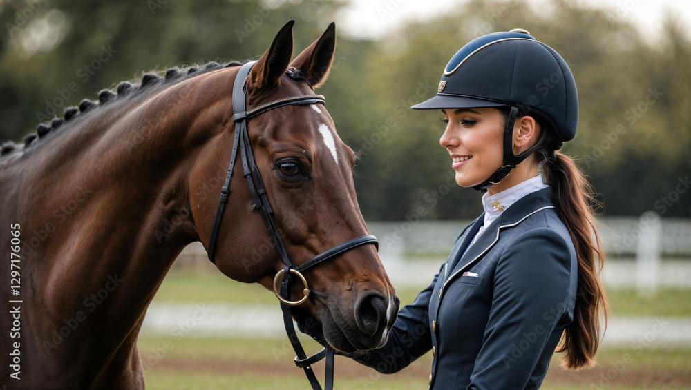 Young female equestrian athlete in elegant competition attire, gently stroking her horse's head, embodies a deep bond of trust and partnership in a serene show jumping arena Young female equestrian athlete in elegant competition attire, gently stroking her horse's head, embodies a deep bond of trust and partnership in a serene show jumping arena