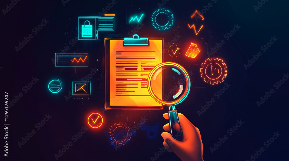 An illustration of the document review process showcasing collaboration analysis and verification with organized workflow and professional detailing.