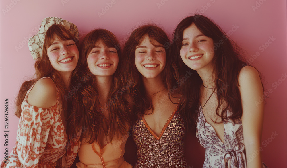 Obraz premium Joyful friends group smiling together studio setting photograph cheerful atmosphere close-up view friendship concept