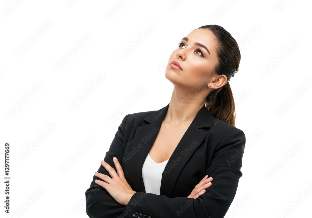A professional young woman with long sleek brown hair tied back in a ponytail isolated on transparent background A professional young woman with long sleek brown hair tied back in a ponytail isolated on transparent background
