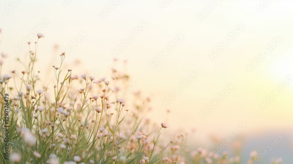Fototapeta premium A field of flowers with a bright sun in the background. The flowers are in full bloom and the sun is shining brightly, creating a warm and inviting atmosphere