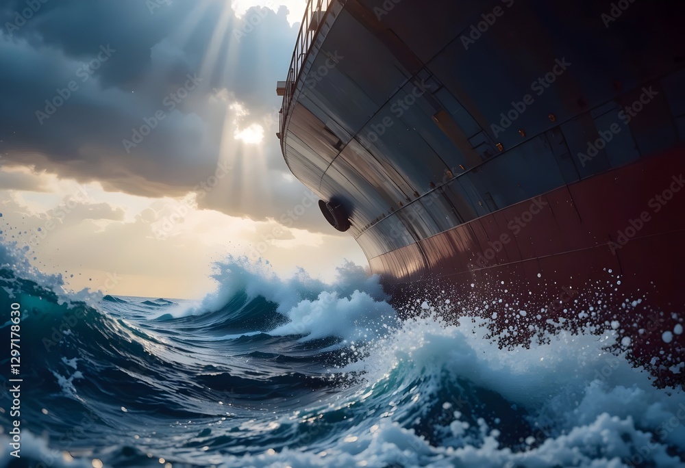 Obraz premium Cargo Ship Navigating Through Stormy Seas with Dramatic Sunlight, Maritime Scene