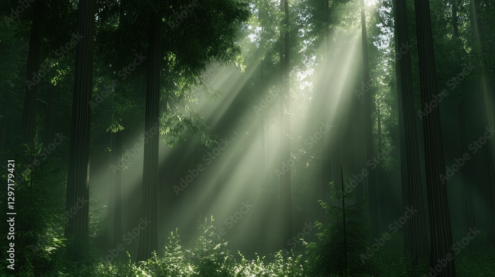 Fototapeta premium A forest with sunlight shining through the trees. The light is bright and warm, creating a peaceful and serene atmosphere. The trees are tall and green