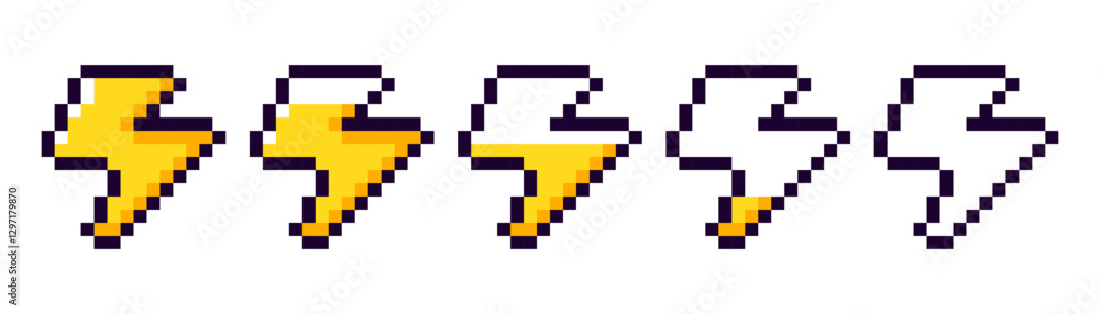 Fototapeta premium Pixel game energy bar, game energy scale. 8 bit set of lightning bolts. Pixelated thunderbolts with different fill levels.