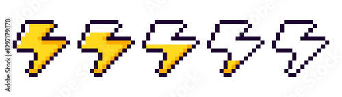 Pixel game energy bar, game energy scale. 8 bit set of lightning bolts. Pixelated thunderbolts with different fill levels.