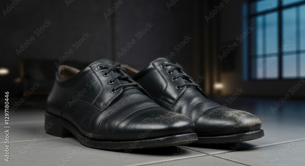 Worn black leather shoes on tiled floor in dimly lit room Worn black leather shoes on tiled floor in dimly lit room