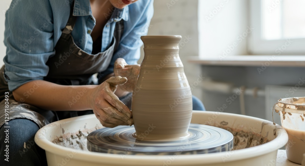 Caucasian female adult creating pottery on wheel in studio Caucasian female adult creating pottery on wheel in studio